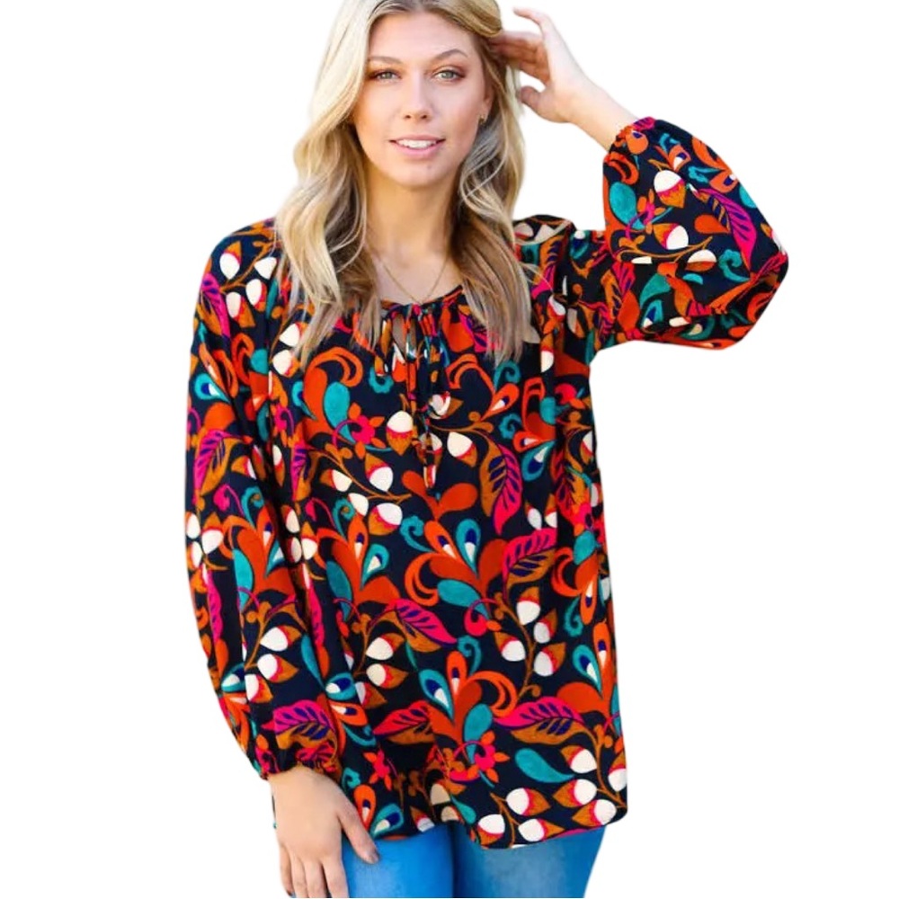 NEW Haptics Magenta & Rust Boho Floral Bubble Sleeve Top